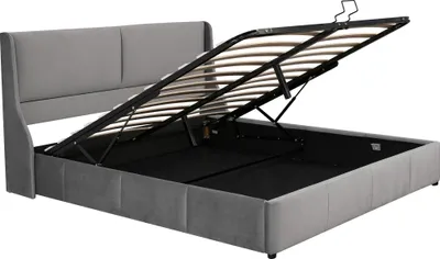 Produktbild von Merax Hydraulisches Boxspringbett 180x200cm Polsterbett mit Lattenrost, Rückenlehne und Stauraum, Ohrform Doppelbett Ehebett Funktionsbett aus Samt, Grau