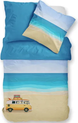 Produktbild von Dormabell Wendebettwäsche, Mako Satin 100% Baumwolle, blau beige, Beach Van Bus Motiv, 135x200 cm und 80x80 cm, 2-teilig, Öko-Tex Standard 100, verhindert Überhitzen
