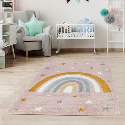 Immagine prodotto di Tappeto per bambini DOTS Tappeto a pois per la stanza dei bambini Colori pastello Atossico Dimensioni: 160 x 230 cm, Rosa