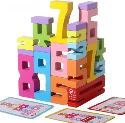A stack of colorful wooden number blocks.