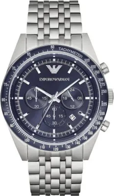 A close-up, front-facing studio shot of a men's chronograph watch with a blue dial and silver metal band.