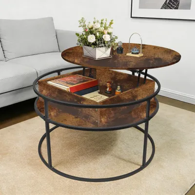 Image de Table basse, table de salon, table ronde, plateau relevable, design moderne, 80x80x60 cm