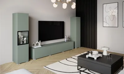 Produktbild von MINIO go for it, Wohnwand BRELA III, 3-teilig, TV Board mit Vitrine und Schrank, mit LED-Beleuchtung, 210 cm, Nebelgrün