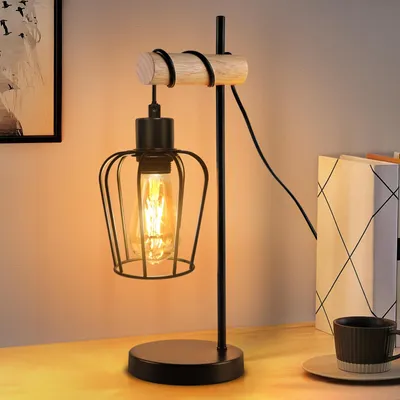 Produktbild von ZMH Tischlampe Wohnzimmer Holz Tischleuchte Vintage Schwarz Nachttischlampe 1 flammig im Industrial Design aus Metall E27 Fassung Retro Nachttischleuchte für Schlafzimmer Hotel - ohne Leuchtmittel