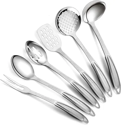 Imagen del producto de Juego de utensilios de cocina de acero inoxidable, de 6 piezas, que incluye espátula, cuchara, tenedor para carne, ideal para la cocina