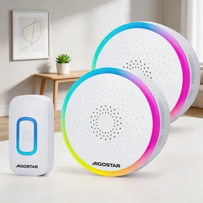 Immagine prodotto di Campanello Aigostar con illuminazione RGB, campanello wireless IP55 resistente all'acqua per uso esterno, set per porta d'ingresso, 5 livelli di volume, 60 melodie, portata di 150 metri, 1 pulsante e 2 ricevitori, colore bianco – alimentazione a batteria