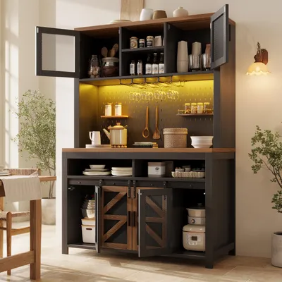 Produktbild von okwish Aufbewahrungsschrank mit USB mit LED, multifunktionaler Küchenschränke mit Lochwand und offenen Ablagefächern,Hochschrank mit Arbeitsfläche, Schwarz