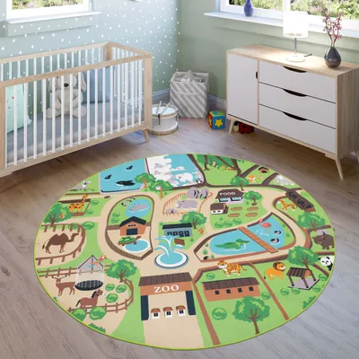Image de Tapis pour enfants Pour chambre d'enfants, tapis de jeu, zoo avec tigre, ours, lion, coloré, taille Ø 160 cm, rond