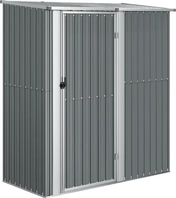 A grey metal garden shed with a single door.