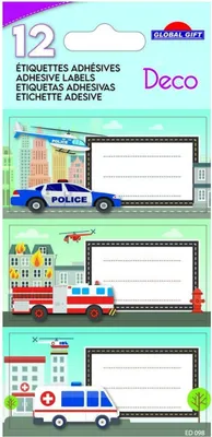 Produktbild von 12 etichette per la scuola - Rettangolo - Auto della polizia, camion dei pompieri