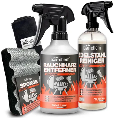 Produktbild von bio-chem Grillreiniger Set 4-teilig: Rauchharz-Entferner + Edelstahlreiniger + Grillschwamm + Mikrofasertuch. Zur extra starken Reinigung mit Schutz von Grill, Grillrost, Gasgrill, Gusseisen u.v.m.