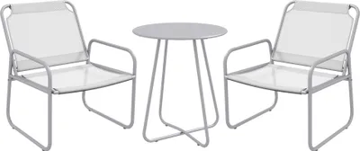 A light gray bistro set with two chairs and a round table, presented on a white background.
