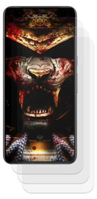 A smartphone screen protector with a samurai helmet wallpaper.