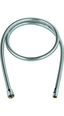 A silver flexible hose with metal connectors on each end, coiled in a loop on a white background.
