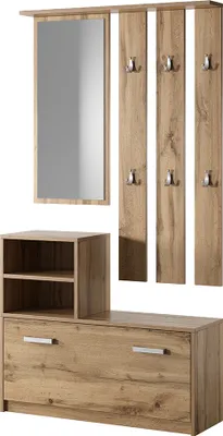 A wooden entryway furniture set with a mirror and coat hooks.