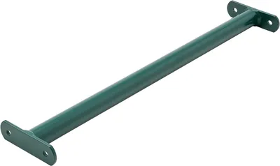 A green metal bar with mounting plates on each end, isolated on a white background.
