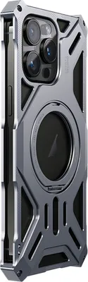A close-up, angled view of a gray metal iPhone case with a circular cutout for MagSafe.