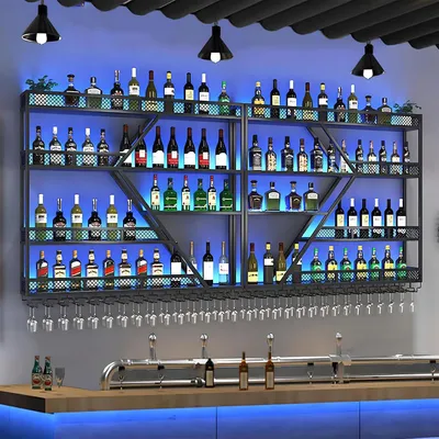 Produktbild von Wand-Weinregal aus Eisen mit 4 Ebenen in Schwarz | Modernes Regal mit Gläserhalter für Küche, Bar, Restaurant und Kneipe