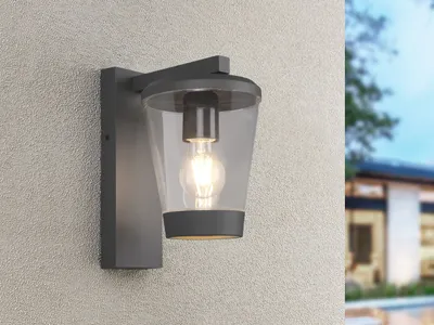 An outdoor wall lantern is mounted on a textured wall, with a blurred house and sky in the background.