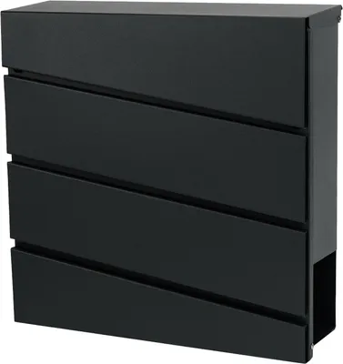 A black mailbox with a modern, slanted design.