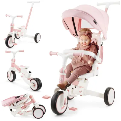 Image de Tricycle pour enfants - Multifonctionnel 8-en-1 - Barre de poussée - Dossier haut - Harnais 5 points - Capote - Rose