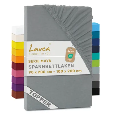 Zdjęcie produktu dla Lavea® Prześcieradło na materac z dodatkową warstwą, 90x200 cm - 100x200 cm, Maya, 100% bawełna dżersej – Miękkie prześcieradło na materac z dodatkową warstwą, do 10 cm – Szary (średni odcień)