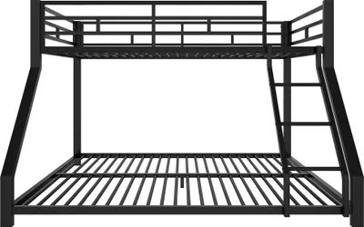 Produktbild von Merax Etagenbett 90x200 & 140x200 cm, Kinderbett, Stockbett, Eisenbett mit Treppe, Geländer, Metall Hochbett für Jugendliche, Schwarz