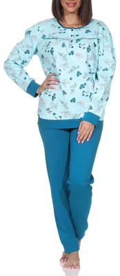 Produktbild von Normann Damen langarm Schlafanzug Pyjama mit Bündchen in klassischer fraulicher Optik ; türkis , 48