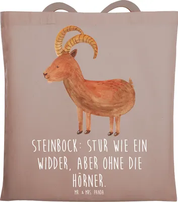 Produktbild von Mr. & Mrs. Panda Tote Bag Steinbock Entschlossen - Braun Pastell - Geschenk, Sternzeichen, Tragetasche, Schultasche, Stur wie ein Widder, Zielstrebigkeit, Tasche, Humor