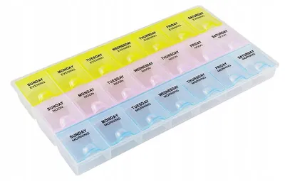 Zdjęcie produktu dla CHPN - Dawkownik na tabletki - 7 dni - 3 pół dnia - Angielski - 7 dni - 3 przegródki - Z pokrywką - Tygodniowy - Dawkownik na leki - Kompaktowy pojemnik na tabletki - Organizer do segregowania tabletek