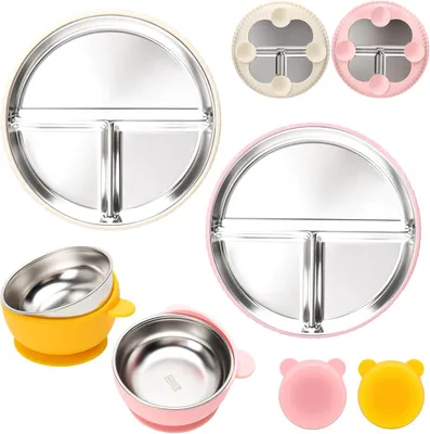 Produktbild von Kindertischgeschirr 4 Stücke, 2 Teller mit Saugnapf und 2 Schalen, Edelstahl und Silikon, für Kindermahlzeit