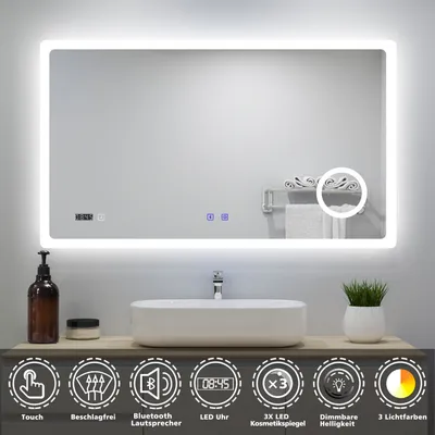 Produktbild von AICA LED Wandspiegel 160x80cm Touchschalter Beschlagfrei Badspiegel Bluetooth Uhr 3X Schminkspiegel 3 Lichtfarbe 3000/4500K/6000K Dimmbar IP44