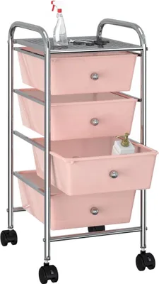A pink rolling cart with drawers on a white background.