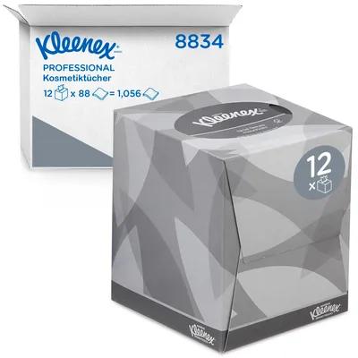 Produktbild von Kleenex Kosmetiktücher in Taschentücher Box 8834, 2-lagige Kosmetiktücher mitem Papier, mit Schutzbalsam, weiß, parfümfrei, 12 x 88