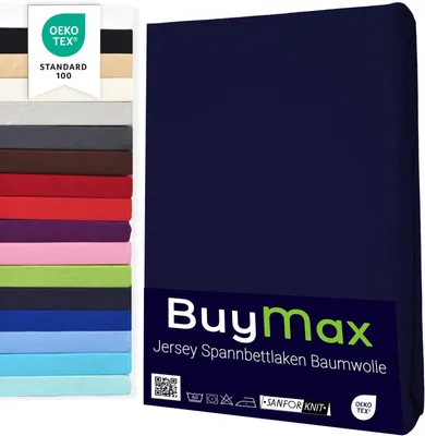Produktbild von Buymax Topper Spannbettlaken Jersey Spannbetttuch 100% Baumwolle Bettlaken bis 12 cm Matratzenhöhe, 200x200 cm, Marineblau