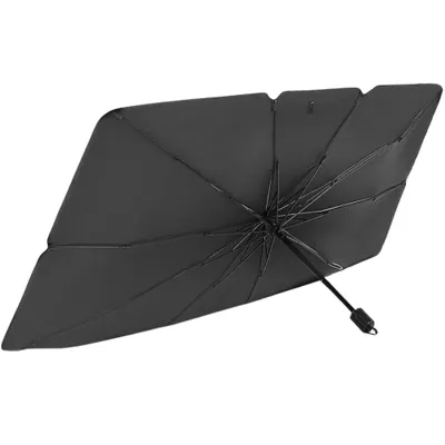A black car sunshade umbrella is shown against a white background.