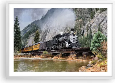 Produktbild von Gerahmtes Poster - Weißer Rahmen - Alt Lokomotive Berge - 70x50 cm - Wand Bild - Wanddeko - Wandbilder - Kunstposter - Wandposter - Bilderrahmen - Bilder - Kunstdruck - P2WAA70x50-4581