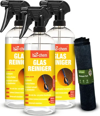 Produktbild von bio-chem Glasreiniger Hochglanzreiniger für streifenfreien Glanz | 3x 750 ml + Mikrofasertuch | Ideal für Glasflächen, Spiegel, Fenster, Autoscheiben, Küchenfronten und sonstige lackierte Oberflächen