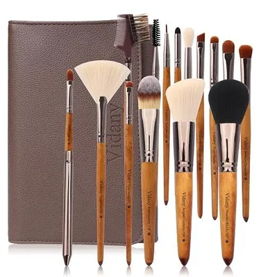 Imagen del producto de Set de brochas de maquillaje, 15 piezas, madera de nuez, con estuche de viaje de cuero. Brochas de maquillaje profesionales para base de maquillaje, corrector, kabuki, colorete, delineador de ojos, sombras de ojos y cejas