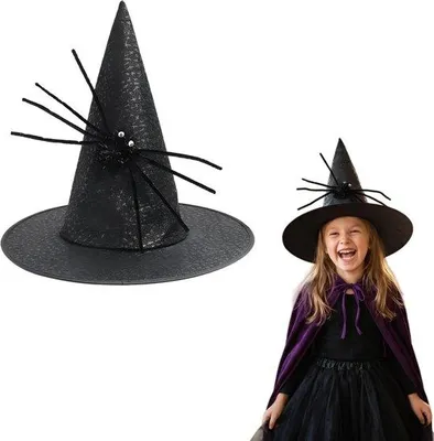Zdjęcie produktu dla Kapelusz czarownicy dla dzieci - Czarna pajęczyna z brokatem - Dodatek do kostiumu - Idealny na Halloween - Luxento