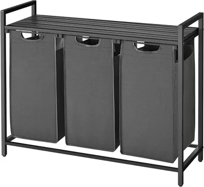 Immagine prodotto di Cesto per la biancheria con ripiano – Contenitore per abbigliamento – Organizzatore per abiti – Tre sacchi estraibili – 92,5 x 33 x 72 cm