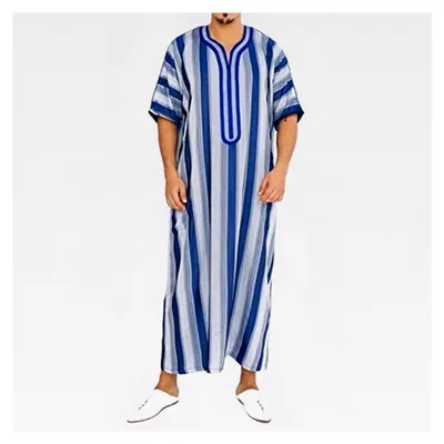 Produktbild von Gestreifter Kaftan für Herren, muslimische Robe, kurzärmlig, arabisches Gebet, islamisches Maxikleid, Ramadan-Roben, lockere Oberteile, Eid-Kleidung, marokkanisch