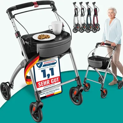 Produktbild von ELONEO Wohnungsrollator 54cm breit, faltbar und leicht, inkl. Tablett & Stoffkorb, Rollator schmal für die Wohnung, Indoor-Rollator, klappbar silber