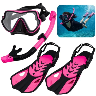 Image de Kit de snorkeling, palmes, lunettes, tuba, noir et rose, taille S/M