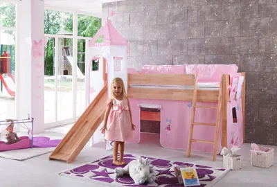 Produktbild von Halbhohes Einzelbett Kim Buche massiv 90x200 cm mit Rutsche und Textilset