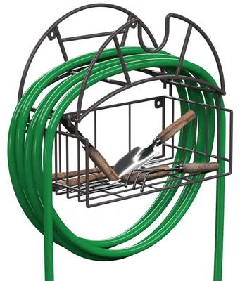 Productafbeelding van Wandmontage tuinslanghouder met opbergmand - Robuuste metalen slangorganizer