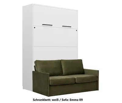 Produktbild von Schrankbett Wandbett Klappbett vertikal GN 140x200 weiß mit LED und Sofa grün