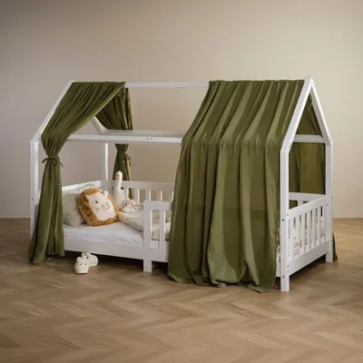 Produktbild von Hausbett Himmel NENA im 2er Set in dunkelgrün - Betthimmel aus 100% Baumwolle, Baldachin Musselin zweilagig, Bettvorhang für Kinder, Hausbett Deko