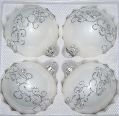 Produktbild von 4 tlg. Glas-Weihnachtskugeln Set 8cm Ø in Hochglanz Weiss Silberne Ornamente