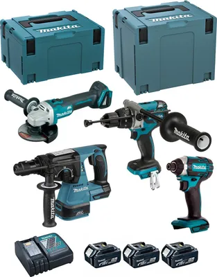 A collection of Makita power tools and accessories arranged on a white background.